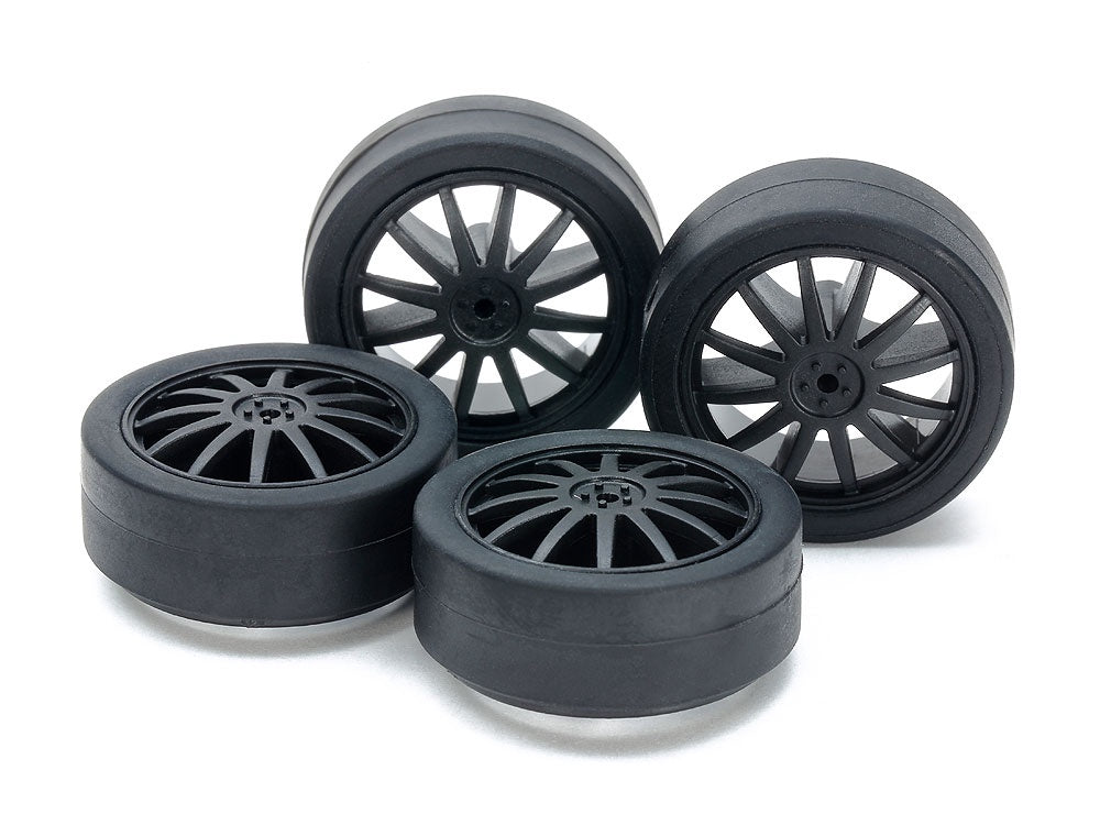 Tamiya Mini 4WD Low-Friction Low-Profile Tires (26mm) & Carbon Wheels