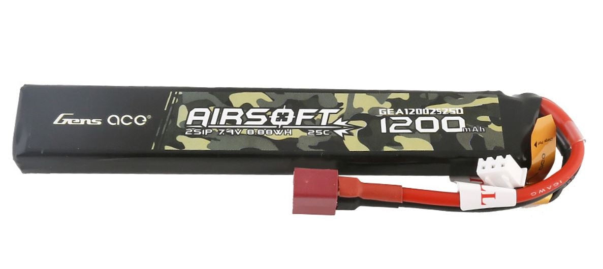 Gens Ace 1200mAh 25C 2S 7.4v Airsoft Gun Lipo Battery, 125x20x12mm, 59g, T-Plug/Deans