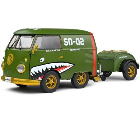 Solido 1:18 VW Kombi (Shorty Bus) & Trailer Military Green
