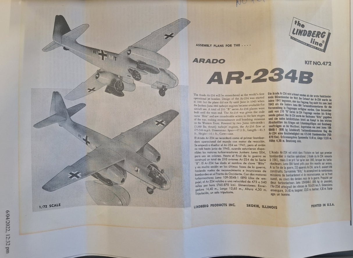 *Unsealed, Vintage* Lindberg 1:72 Arado AR-234B (FMS)