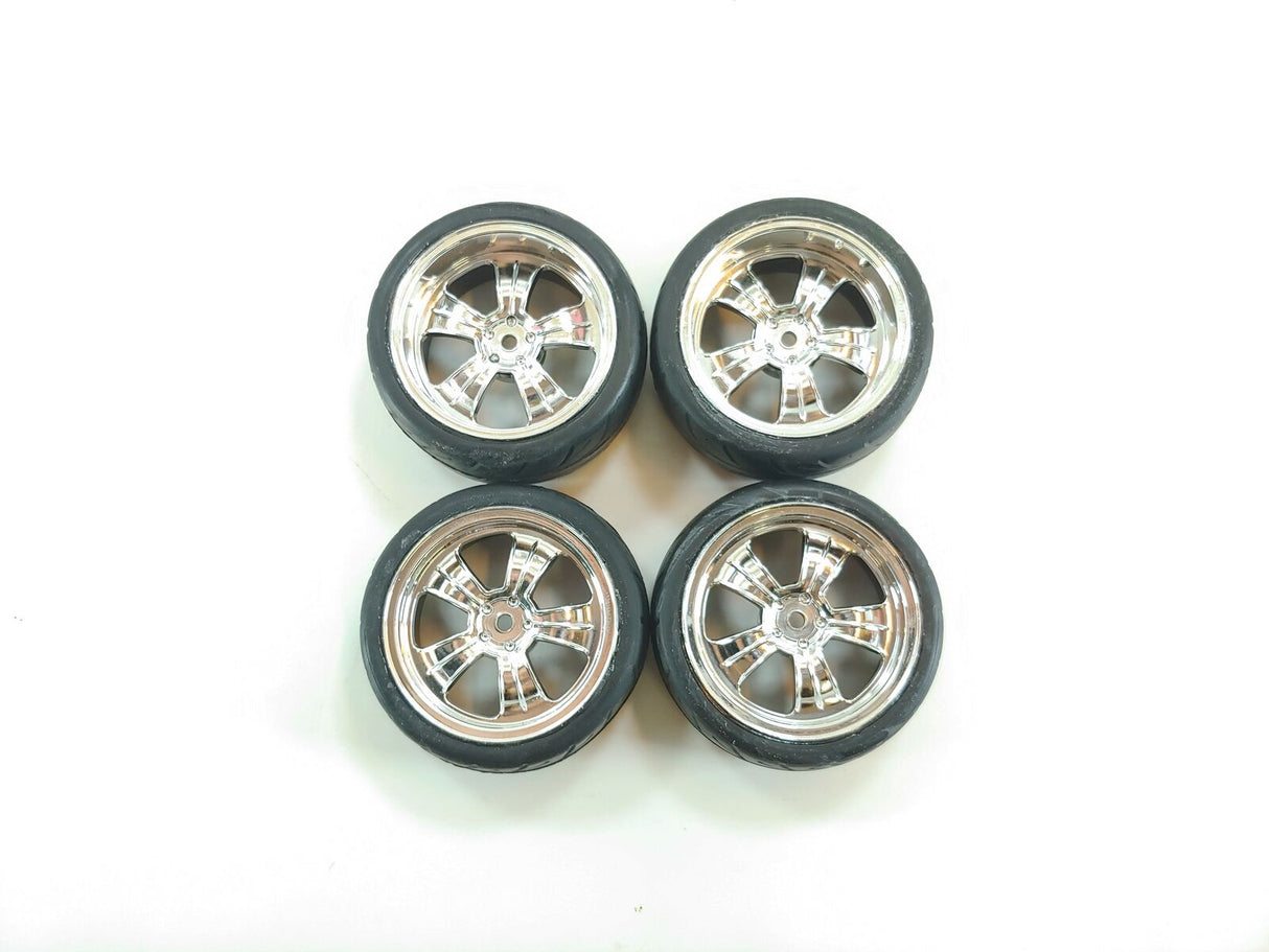 Losi V100 1/10 RC Car Tires & 12mm Chrome Hex Wheels (4)