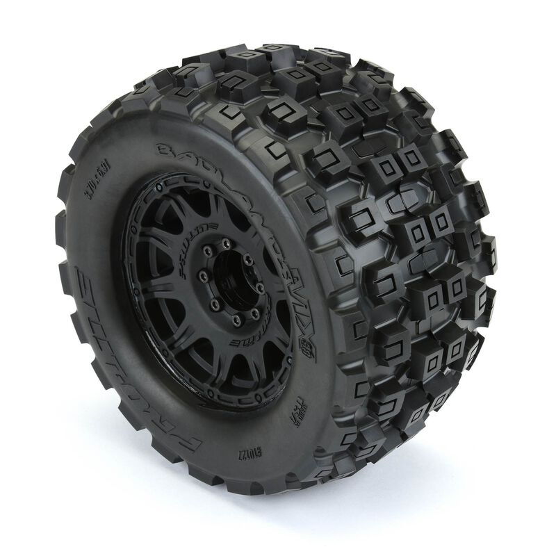 1/8 Badlands MX38 F/R 3.8" MT Tires Mounted 17mm Black Raid (2) by Proline