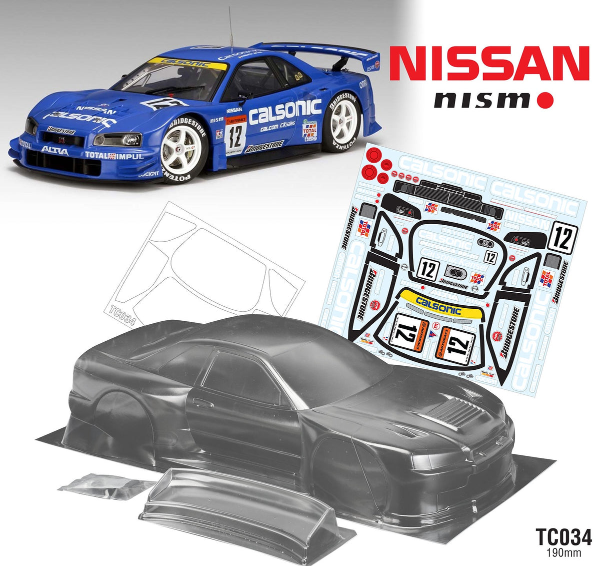 Team C 1/10 Nissan R34 GTR 190mm Wide, WB258 w/Clasonics Decals